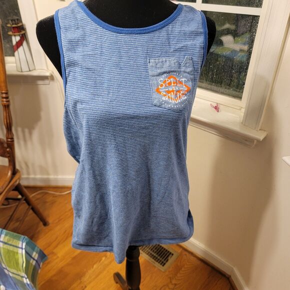 Split Tops - Womens Split Tank Top Blue Stripes Pocket With Orange Text Size Medium‎